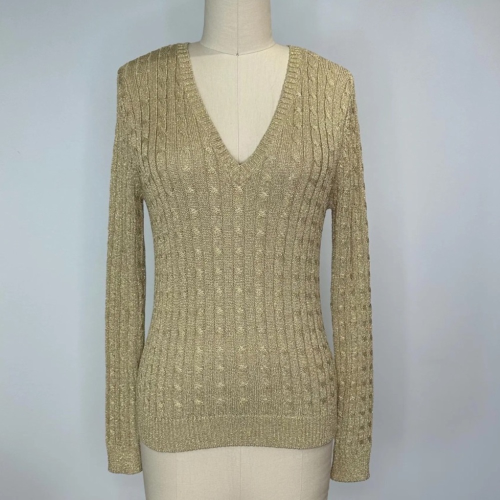 Lauren Ralph Lauren Gold Cable-Knit V-Neck Sweater